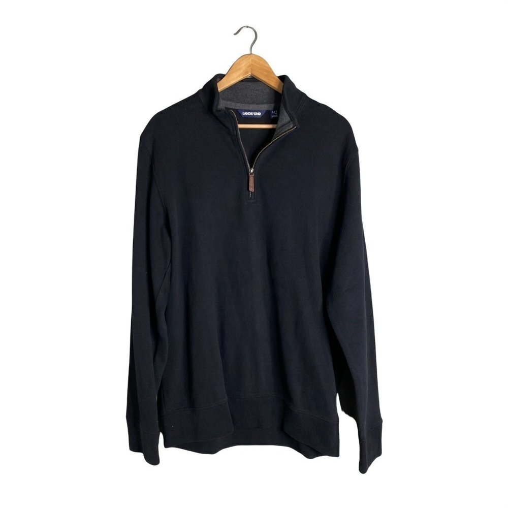 Land's End L/T 42-44 Men's 1/4 Zip Ribbed Pullover Solid Black Mock‎ High Neck